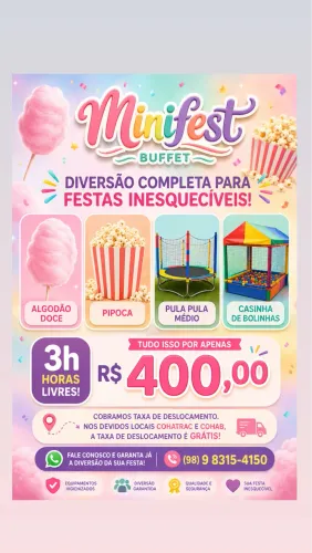 Buffet infantil  algodão doce, pipoca, pula pula casinha de bolinhas R$400,00