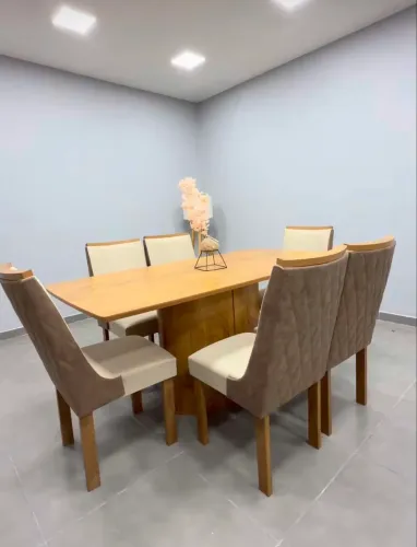 Mesa de Jantar Montreal 180x90cm em Linho Sem Vidro e 6 Cadeiras Entrega Rápida
