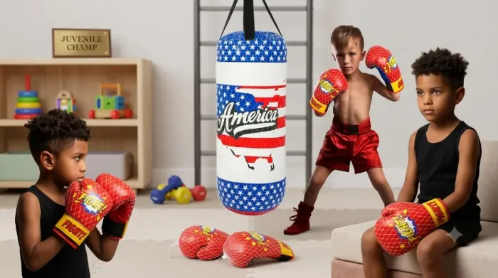 Kit com Saco de Boxe Infantil Americano, de 32cm, e par de Luvas Play Brink