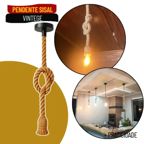 Pendente Corda Sisal 1m Vintage Retrô Rústico para Decoração e Iluminação - SCS94