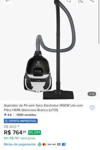 Aspirador de Pó Electrolux 1400W Lite com Filtro HEPA Silencioso