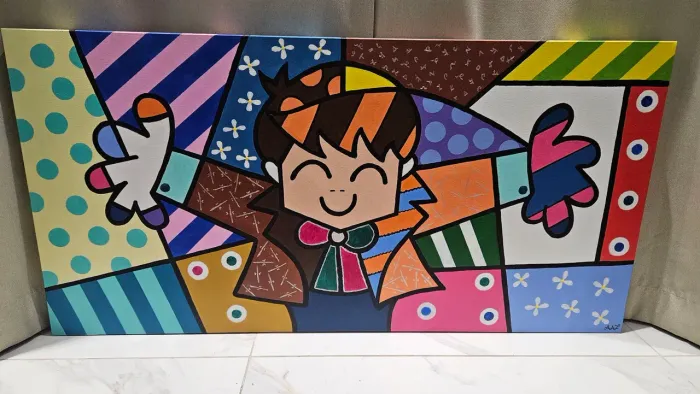 Quadro Releitura Romero Britto "O Abraço" - Pintado à Mão (Tinta Acrílica) - 60x120cm