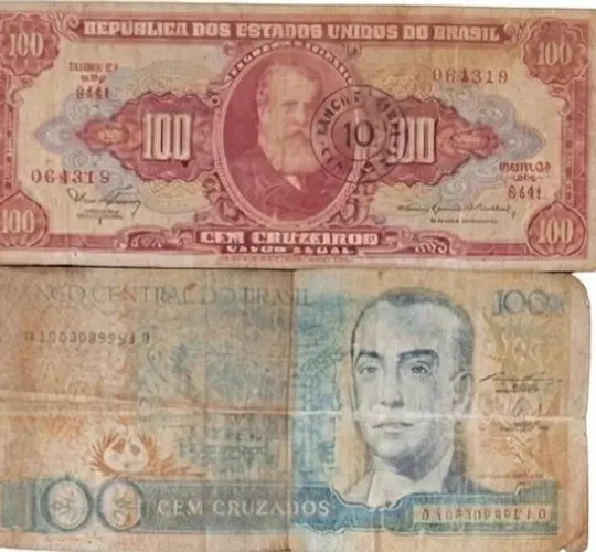 Lote de Cédulas e Moedas Antigas do Brasil (Cruzeiros e Cruzados)