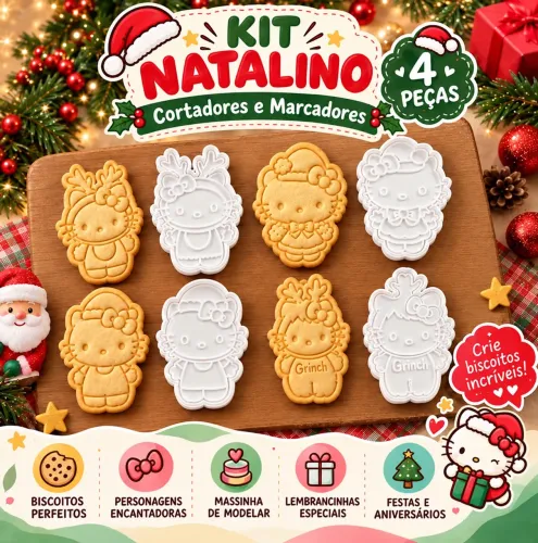 Hello Kitty Natal Kit com 4 Cortadores e Marcadores de Biscoitos