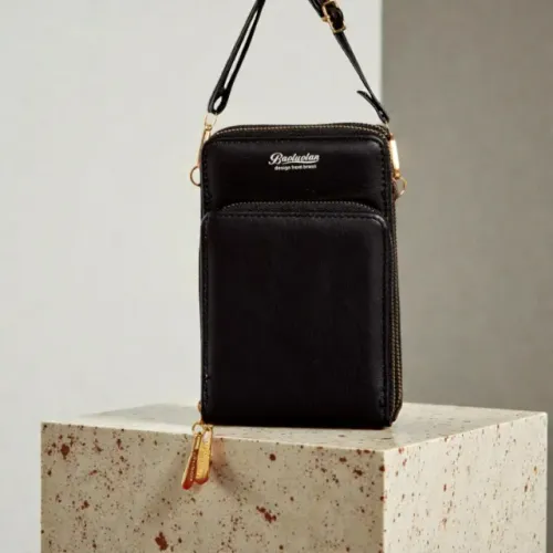 Bolsa Porta Celular com 3 Zíperes, Tiracolo, em Couro, Feminina, Juvenil/Adulta, Baoluolan
