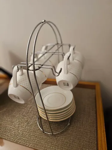 Jogo De Xícaras Com Pires Royal Havan Casa 11 Peças - Porcelana com suporte INOX