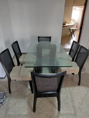 Mesa de sala tampão vidro grosso c/6 cadeiras