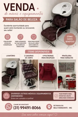 Móveis e Equipamentos para Salão de Beleza - Lavatório, Cadeiras e Poltrona