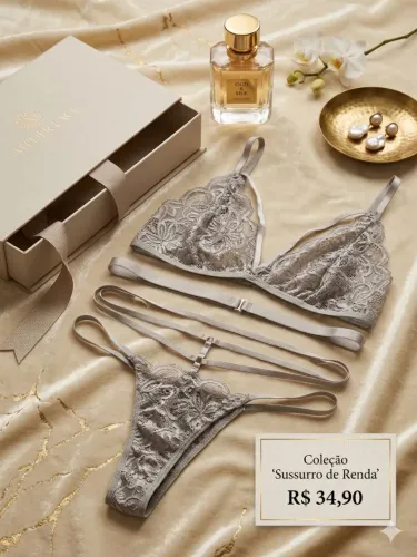 CONJUNTO SEXY DE RENDA NA COR CINZA