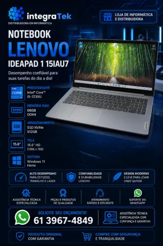 Notebook Lenovo Ideapad 1 15IAU7 Intel Core I5 1235U RAM 08GB SSD NVME 512GB Tela 15.6"