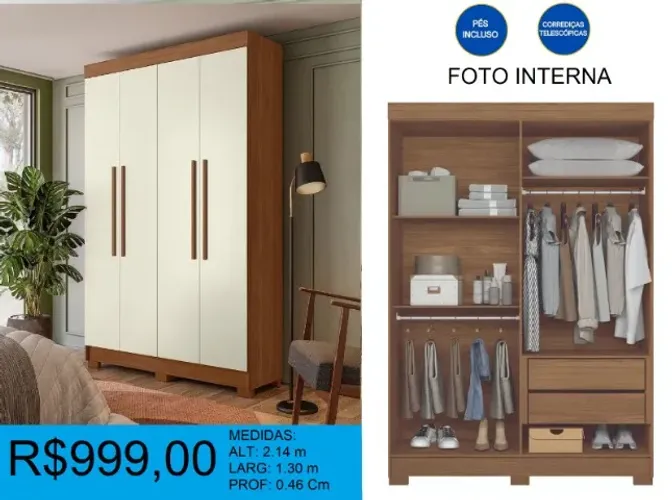 Roupeiro 4 portas com pés, entrega e montagem grátis