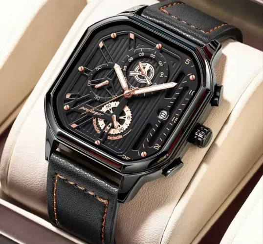 Relogio Poedagar Premium 628 Black Gold Quadrado Estiloso Imponente Pulseira Couro Reforç