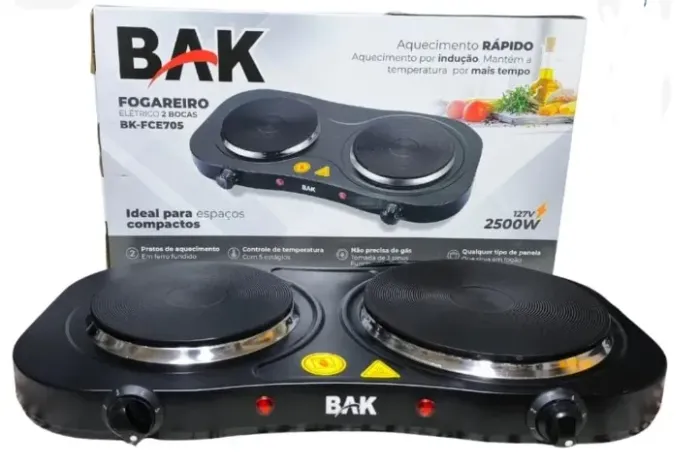 Fogão elétrico chapa, 2 bocas BAK, 2000w, 220v, NOVO, cozinha tudo. Entrega GRÁTIS*