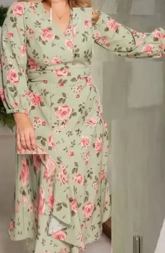Vestido Evangelico Estampado verde pastel Floral estica 90%polie10%elast midi mang comprid