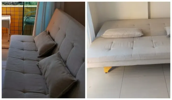 Sofá cama com almofadas DE 1.650 POR 1.150 EM ESTADO DE NOVO