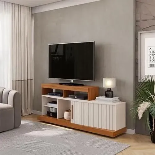 Rack Bancada para Sala Ambiente Scala Freijó /  Off White Para TV Até 47 Polegadas Dj<br><br>