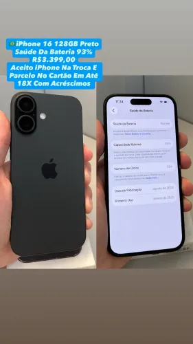 iPhone 16 128GB Preto ( Saúde Da Bateria 93% ) - Usado