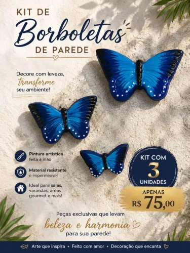 Kit com 3 Borboletas de Parede Azuis