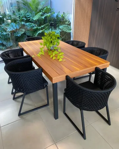 Mesa área gourmet com cadeiras em corda náutica 
