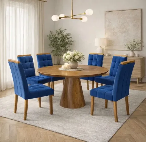 Conjunto de Jantar Redondo Classic 6 Lugares Amadeirado com Veludo Azul