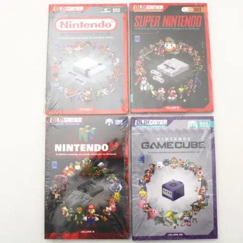 Coleção com os livros de consoles Nintendo da coleção Old Gamer lacrados
