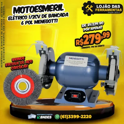 Motoesmeril 1/2cv de Bancada 6 Pol Menegotti + Escova Aço Circular Extra