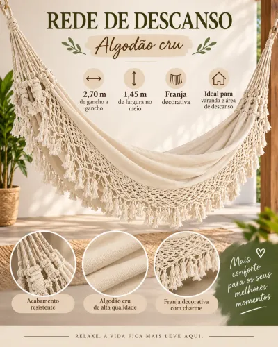 Rede de Descanso em Algodão Cru com Franja - 2,70 m
