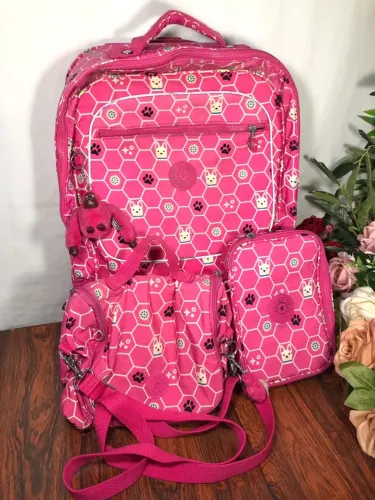 Trio de Bolsas Kipling Rosa Estampa Cachorrinho