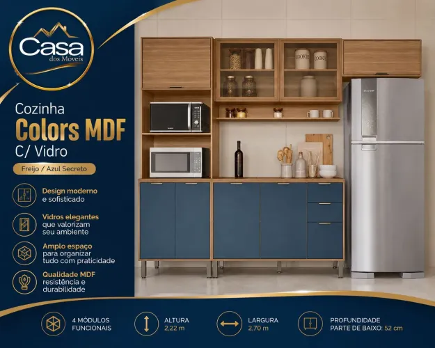 Cozinha Colors Mdf C/ Vidro - Freijo/azul Secreto