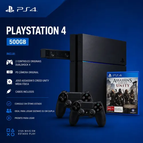 PlayStation 4, Usado 500GB+ 2 Controles Originais +PS Câmera + Jogo Assassin's Creed Unity