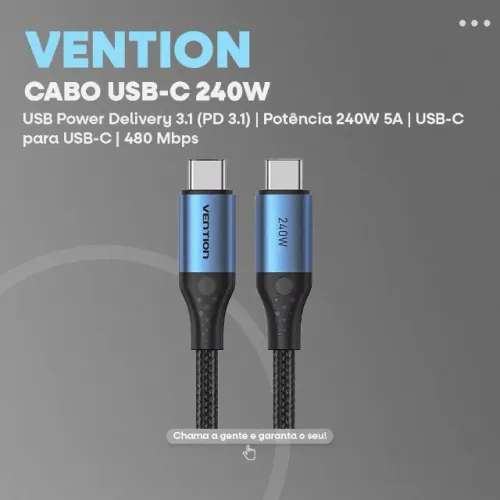 Cabo USB-C Vention 240W 5A PD 3.1 | 2 Metros -Entrega Grátis-
