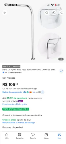 Barra de Apoio em L 60x70 cm para Vaso Sanitário - Nova, Nunca Instalada + Nota Fiscal