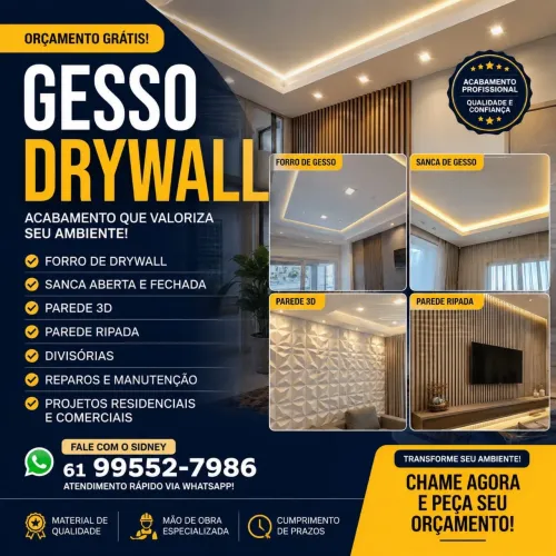 Gesso Drywall.Gesseiro.Gesso cola promoção $20.Trabalhos em todo D.f