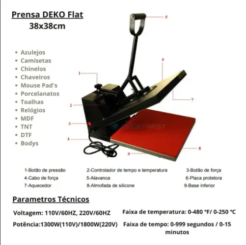 prensa térmica sublimação 38x38 DEKO