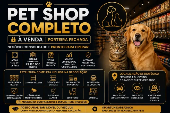 PET SHOP COMPLETO À VENDA | PORTEIRA FECHADA | ESTOQUE INCLUSO