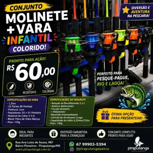 Kit Colorido Vara Molinete Pesca Curimba Piau Piraputanga Peixes Leves