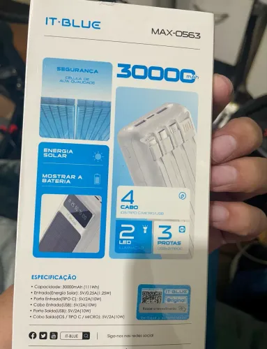 Power Bank Solar 30000mAh IT-BLUE MAX-0563 Carregamento Rápido