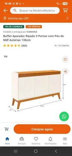 Buffet aparador ripado 3 portas com Pés de MDF Astúrias 136 cm