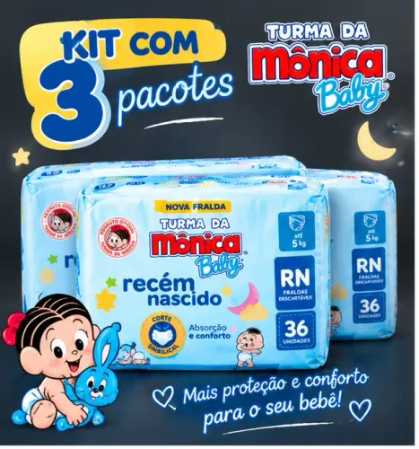 kit com 3 pacotes Fralda Descartável Turma da Mônica Baby Recém-Nascido RN Pacote 36 Uni