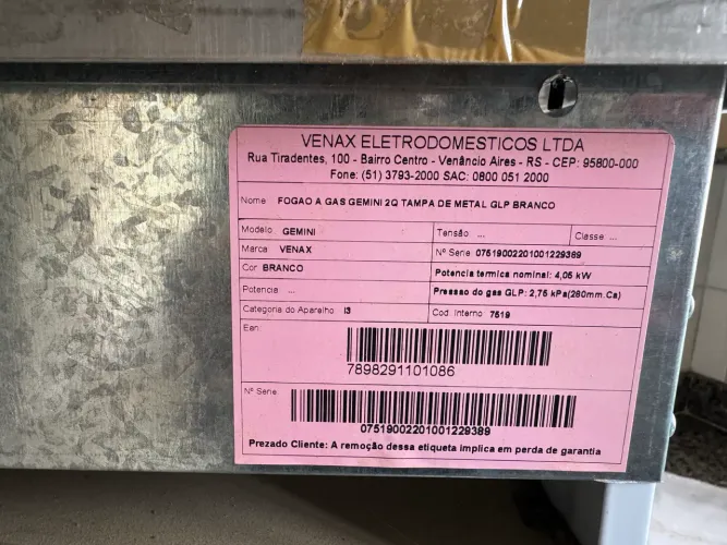 FOGÃO VENAX A GÁS GEMINI 2 QUEIMADORES