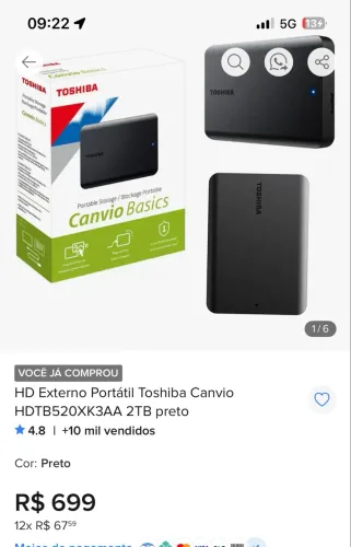 HD Externo 2TB Portátil Toshiba Canvio HDTB520XK3AA 2TB preto