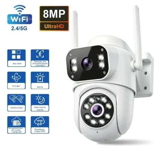 Camera de segurança prova dagua 5G wifi filmadora 360 lente dupla 2 em 1