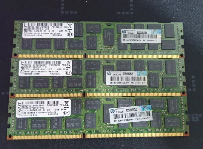 Lote memória RAM HPE/Smart de 8GB DDR3L ECC Registrada (3 unid somando 24Gb)