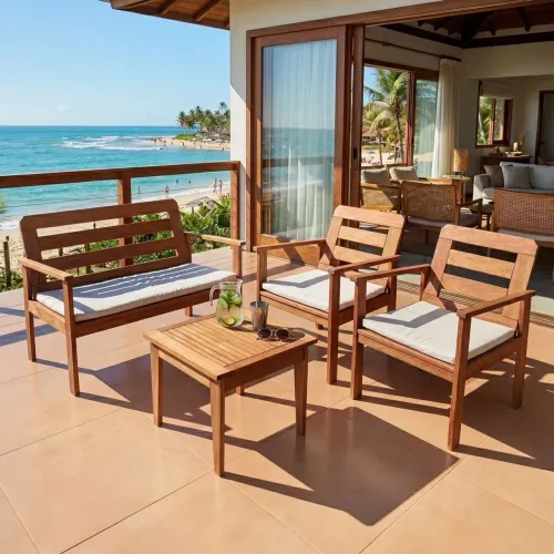 Conjunto para Jardim em Madeira Maciça com 1 Sofá 2 Poltronas e Mesa de Centro Yescasa