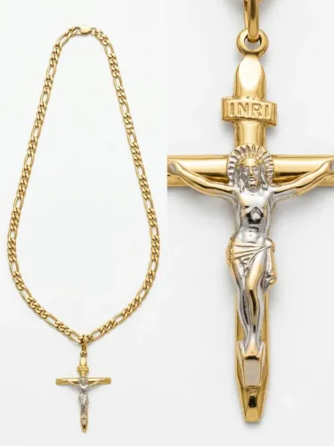 Corrente Masculina Ouro 18k Malha Figaro Com Pingente Crucifixo - 11.7g