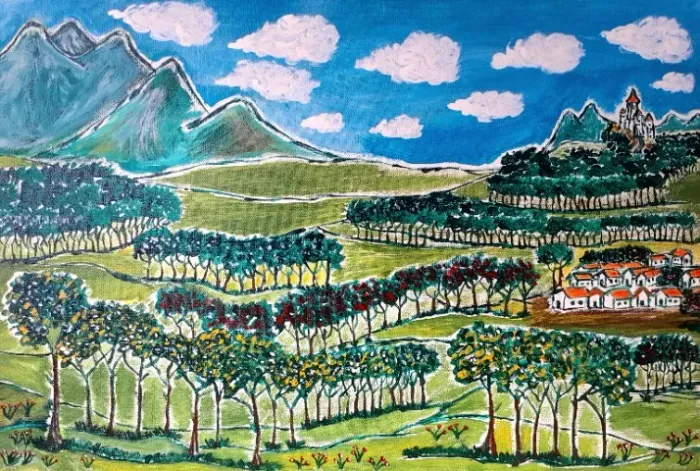 Quadro Pintado à Mão Paisagem Interior Montanhas Vilarejo e Castelo