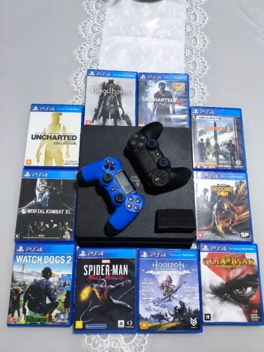 PS4 Slim 500GB + 2 Controles Originais + 10 Jogos Físicos - Completo