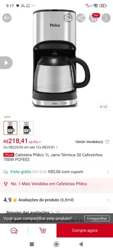 Cafeteira Philco 1 Litro Jarra Térmica 30 Cafezinhos 700W PCFE02