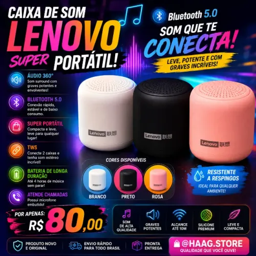 Caixa De Som LENOVO colors/Bluetooth 5.0/SUPER-Portátil/Surround Bass(Áudio 360°)/Silicone