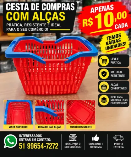 Cesta de Compras Plástica com Alças - Mercado e Loja